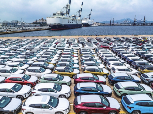 圖為在煙臺港汽車碼頭,大批出口商品車等待裝船發運。新華社